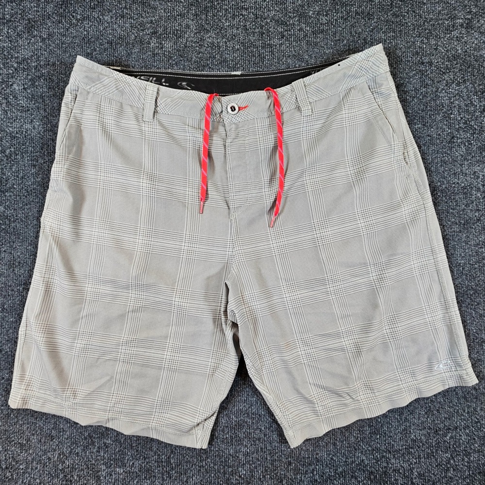 O'Neill Hybrid Shorts Mens 40 Grey Plaid Board Shorts Walkshorts Stretch Quick